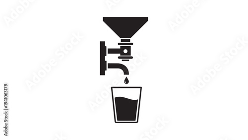 Black silhouette of a water dispenser with a tap filling a glass with liquid. 