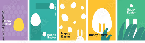 Set of colorful easter posters with flat icons of eggs rabbits and grass for spring season holiday greeting and card design