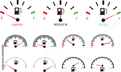 Speed meter icon set vector collection group showing dashboard gauge dial indicator for velocity measurement in automobile transport interface design isolated graphic symbol for speedometer instrument