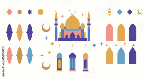 Islamic design elements set with a mosque building crescent moon stars and colorful arch shapes for ramadan kareem and eid festival