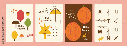 Set of four autumn posters with flat icons of pumpkins trees leaves and mushrooms for fall season celebrations and greeting cards