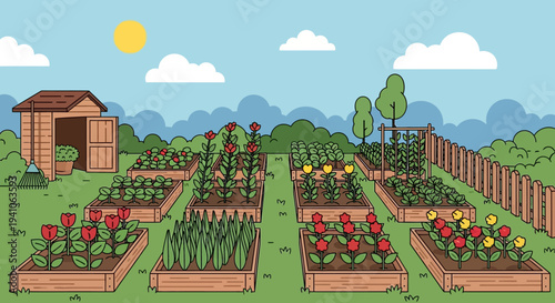 Vibrant Vegetable Garden with Raised Beds, Tulips, and Shed Under Sunny Sky
