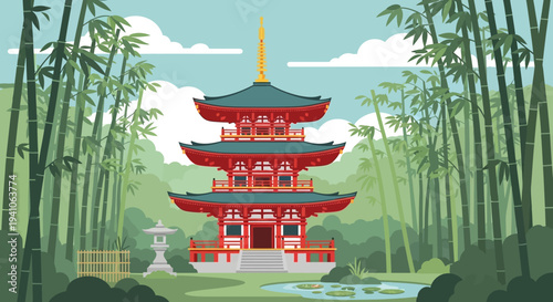 Pixel Art Pagoda Temple Surrounded by Bamboo Forest and Zen Garden