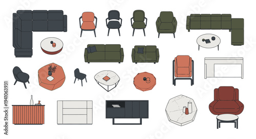 modern minimalist furniture collection top-down view featuring sofas chairs tables and cabinets for interior design plans.