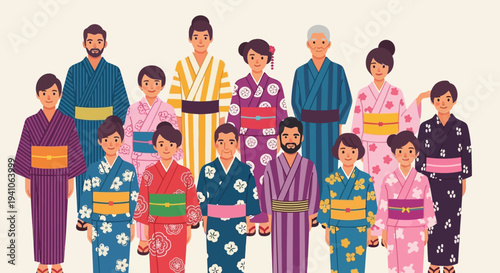 Diverse Group of People in Traditional Japanese Yukata Outfits