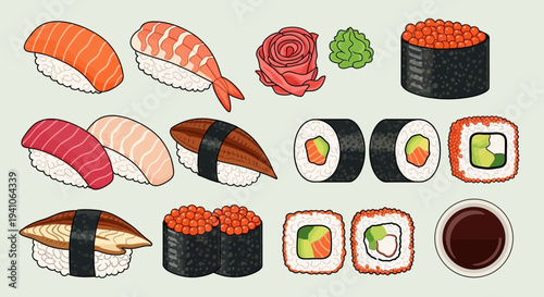 Assortment of Delicious Pixel Art Sushi and Sashimi on a Light Background