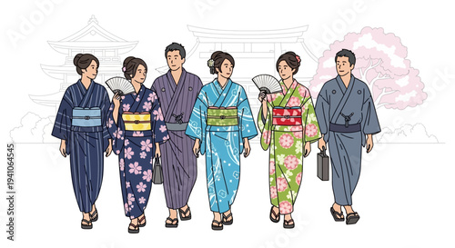 Japanese people in traditional yukata walking in a festival with cherry blossoms and temple background