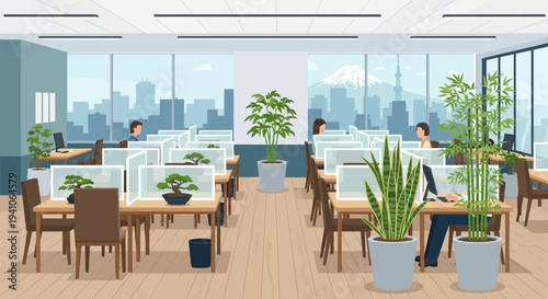 Modern open plan office interior with people working, green plants, and city skyline view
