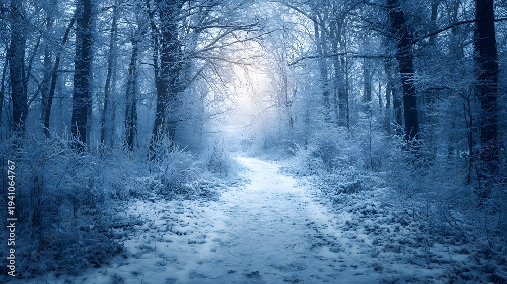 Obraz premium Enchanting Winter Forest Path Illuminated by Soft Sunlight.