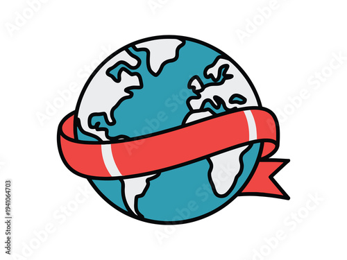 Vector Art Of Red Ribbon Wrapped Around A Globe, global awareness and international concept illustration