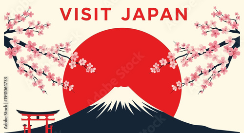 Visit Japan: Iconic Mount Fuji, Cherry Blossoms, and Torii Gate at Sunrise