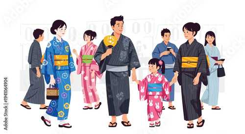 Japanese Family Enjoying Summer Festival in Traditional Yukata Outfits