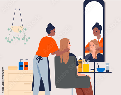 Hair Stylist Working with Female Client in Beauty Salon Mirror – Hair Styling Service Vector Illustration