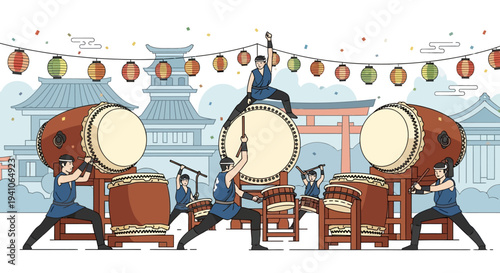Japanese Taiko Drummers Performing at a Traditional Festival with Lanterns