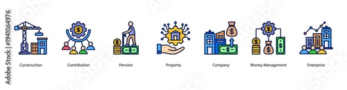 Enterprise Property web banner vector illustration featuring Construction, Contribution, Pension, Property, Company, Money Management, and Enterprise.