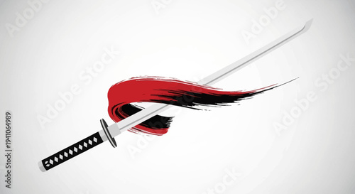 Samurai Sword with Red and Black Ink Splash - Japanese Katana Warrior Weapon