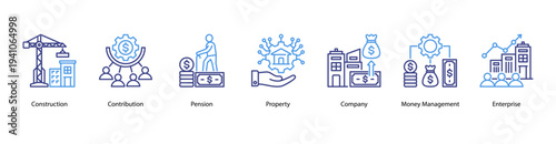 Enterprise Property web banner vector illustration featuring Construction, Contribution, Pension, Property, Company, Money Management, and Enterprise.