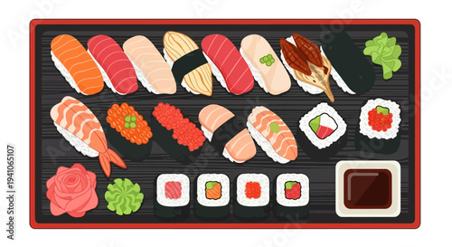 Assortment of Fresh Sushi and Sashimi Platter with Soy Sauce and Wasabi