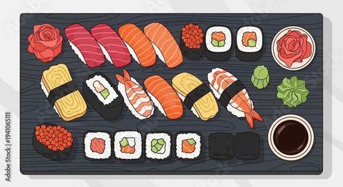 Assortment of Fresh Sushi and Rolls on a Dark Wooden Platter with Soy Sauce