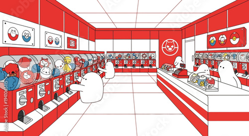 Cartoon characters in a vibrant red and white gashapon store, playing with capsule toy machines