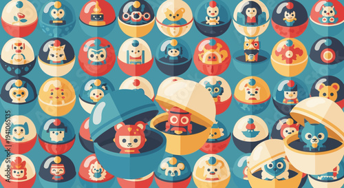 Cute Retro Toys: Surprise Balls with Animal Characters on Blue Background
