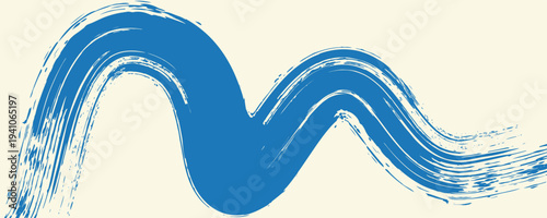 Grunge grainy blue brush stroke with spray texture. Hand drawn distress damaged vintage banner with zigzag bold line. Rough thick brush stroke texture. Spray paint effect vector background.