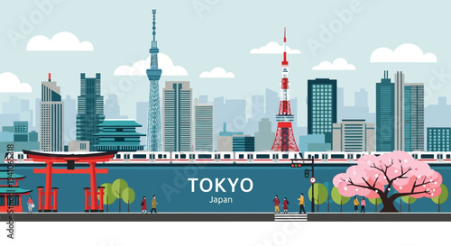 Tokyo Skyline with Train, Torii Gate, and Cherry Blossom Tree