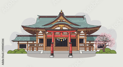 Traditional Japanese Shrine with Torii Gate and Cherry Blossom Tree