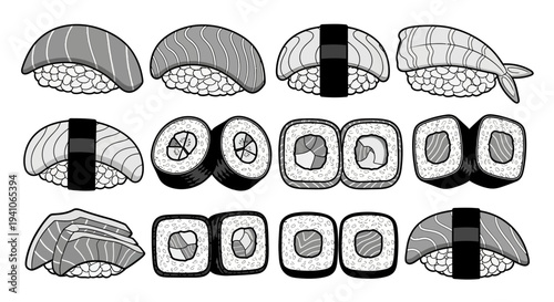 Assorted Sushi and Rolls Collection, Japanese Cuisine, Black and White Illustration