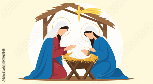 Beautiful illustration of the holy nativity scene with Mary and Joseph kneeling beside baby Jesus in a wooden manger under a bright Christmas star.