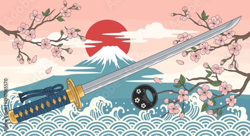 Samurai Sword and Mount Fuji with Cherry Blossoms, Japanese Traditional Art Style
