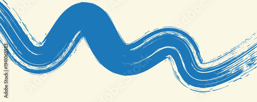 Grunge grainy blue brush stroke with spray texture. Hand drawn distress damaged vintage banner with zigzag bold line. Rough thick brush stroke texture. Spray paint effect vector background.