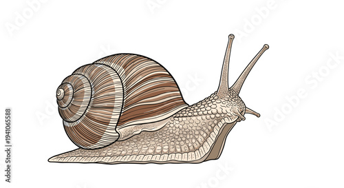 Detailed hand drawn illustration of a garden snail showing its coiled brown shell and textured body with tentacles extended on a white background.