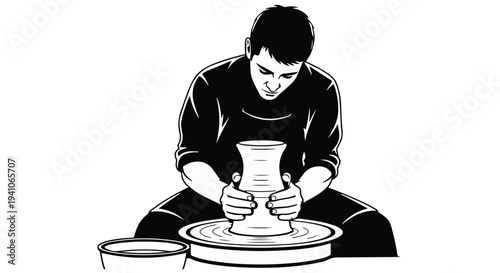 Focused craftsman shaping clay on a pottery wheel with skill and dedication