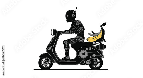 Futuristic robot delivering fruit on a scooter with a banana cargo