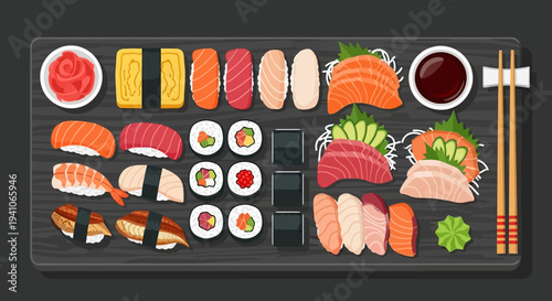 Assortment of Fresh Sushi and Sashimi Platter with Chopsticks and Soy Sauce