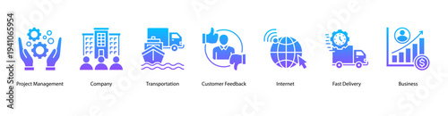 Company and Business Operation web banner featuring Project Management, Company, Transportation, Customer Feedback, Internet, Fast Delivery, and Business.