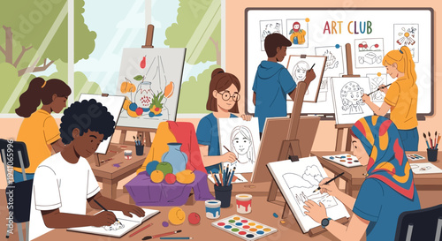 Diverse children engaged in art club activities, painting and drawing in a bright classroom setting.