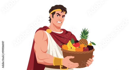 Character illustration of a muscular Greek hero with an angry expression holding a large wicker basket filled with a variety of colorful fruits.