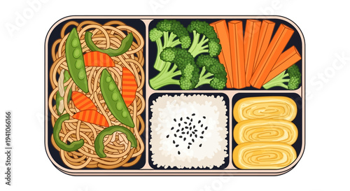 Traditional Japanese bento box with noodles, vegetables, rice, and tamagoyaki for a healthy lunch