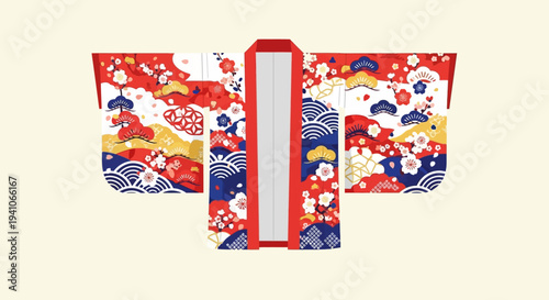 Traditional Japanese Kimono with Floral and Wave Patterns