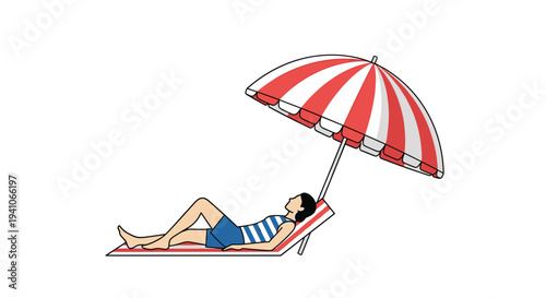 Relaxed woman wearing a striped swimsuit lying on a beach chair under a large red and white parasol while sunbathing on a summer vacation trip.