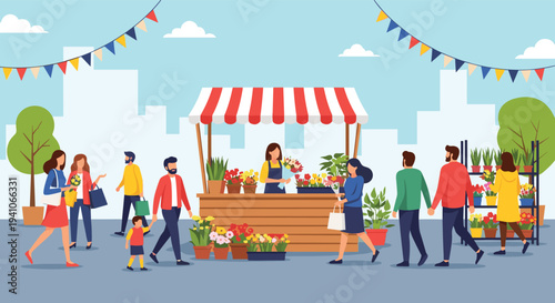 Vibrant outdoor flower market scene with a woman selling colorful potted plants and bouquets to several customers under a festive striped awning.