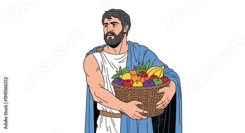 Man in a white tunic and blue cloak holding a large basket of fruit with a concerned expression against a clean white background illustration.