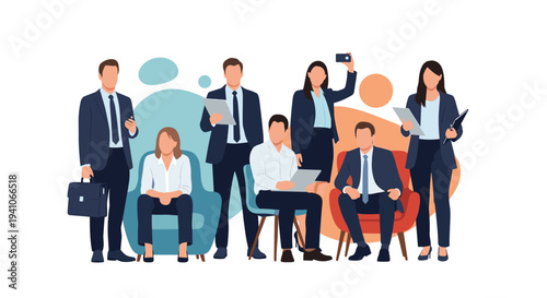 Group of diverse business people in formal suits standing and sitting together against an abstract background of colorful shapes and bubbles.