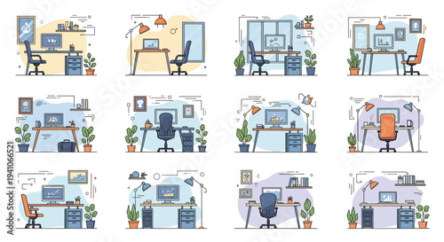 Large collection of diverse office workspace illustrations showing different desk setups with computers chairs plants and lamps in a clean style.