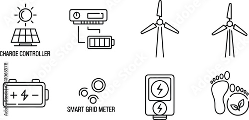 Renewable energy components illustrate a sustainable power system setup including solar panels and wind turbines.
