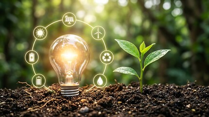 Glowing light bulb surrounded by sustainable energy icons next to young green plant symbolizing renewable energy and environmental growth