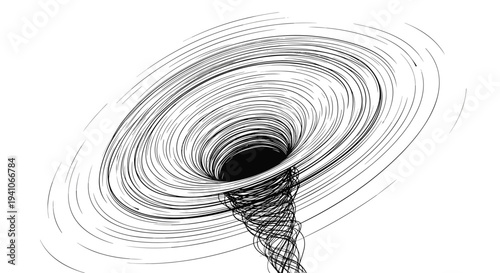 Striking black and white abstract illustration of a black hole or spiral vortex showing intense movement and depth through many fine curved lines.