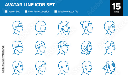 Avatar line icon set with diverse people face profiles featuring various hairstyles hats glasses hijab and cultural headwear for social media user interface and profile design